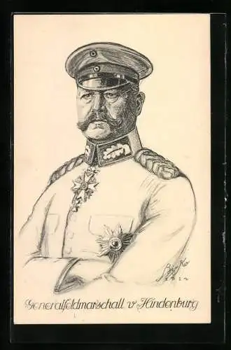 Künstler-AK Portrait Generalfeldmarschall Paul von Hindenburg, in Uniform mit Orden Pour le Merite