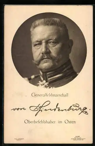 AK Generalfeldmarschall Paul von Hindenburg, Portrait mit Signatur