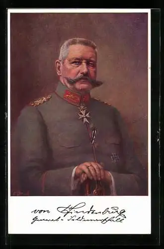 Künstler-AK Paul von Hindenburg in Uniform mit seinem markanten Schnurrbart
