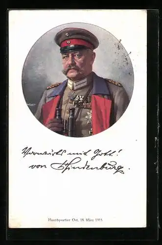 AK Paul von Hindenburg, umrahmtes Portrait mit Fernglas und Schirmmütze