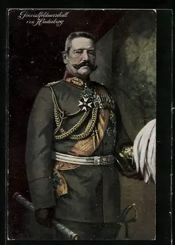 Künstler-AK Paul von Hindenburg in ordensbehangener Uniform mit Kommandostab