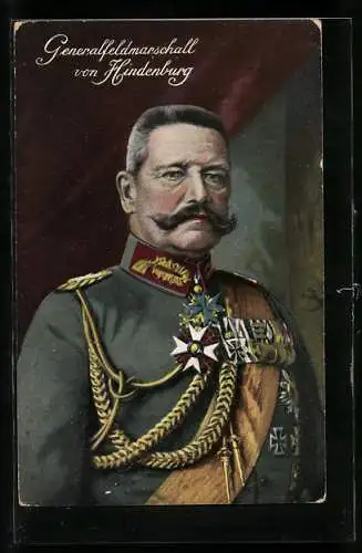 Künstler-AK Paul von Hindenburg in ordensbehangener Uniform mit Achselschnur