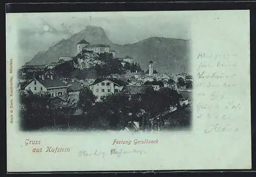 Mondschein-AK Kufstein, Festung Geroldseck mit Umgebung