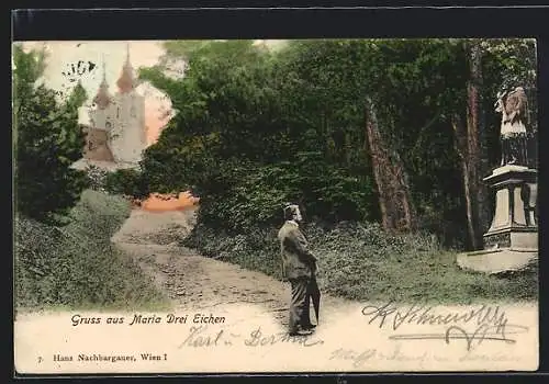 AK Maria Drei Eichen, Wegpartie mit Denkmal und Blick zur Kirche