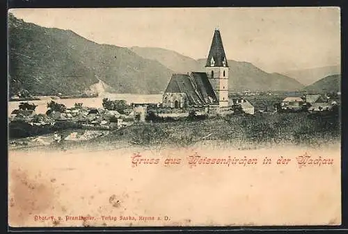 AK Weissenkirchen in der Wachau, Ortspanorama mit Kirche, Wasser- und Bergblick