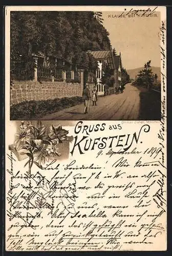 Lithographie Kufstein, Klause bei Kufstein, Enzian und Edelweiss