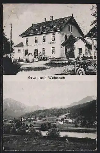 AK Weissach, Gasthaus und Handlung F. Kolbitsch, Ortsansicht