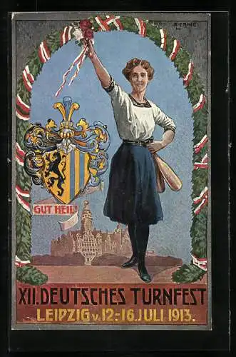 AK Leipzig, XII. Deutsches Turnfest 1913, Karte Nr. 6, Gut Heil, Wappen, Frau mit Blumen