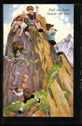 Künstler-AK Kinder beim Bergsteigen, einem fällt der Rucksack runter