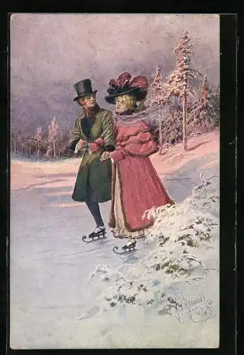 Künstler-AK Ein junges Paar in winterlicher Kleidung beim Eislaufen