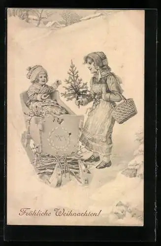 Künstler-AK M. Munk Nr. 278: Joyeux Noel - Zwei Mädchen mit Schlitten und Tannenbäumchen im Schnee