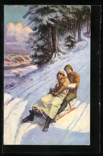 Künstler-AK Ein junges Paar beim Rodeln