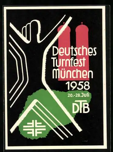 AK München, Deutsches Turnfest Juli 1958, Logo mit Frauenkirche