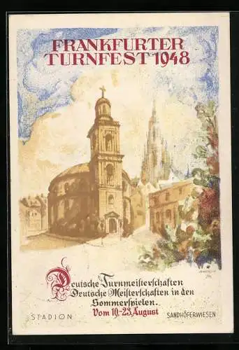Künstler-AK Frankfurt, Turnfest 1948, Kirche