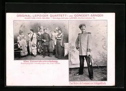 AK Original-Leipziger Quartett und Concert-Sänger, Szene aus Eine Carnevalverwechslung, Paul Belzer im Kostüm