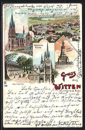 Lithographie Witten a. d. Ruhr, Voss-Garten, Kriegerdenkmal und Kirchen