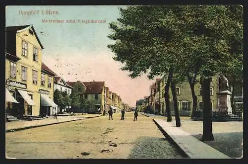 AK Burgdorf i. Hann., Marktstrasse mit Gasthaus Emil Oehlmann nebst Kriegerdenkmal