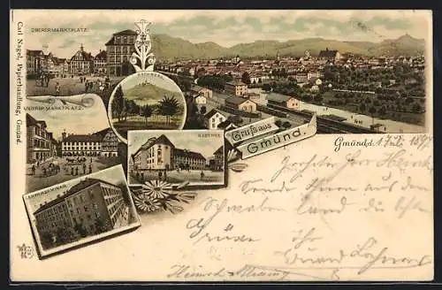 Lithographie Gmünd, Kaserne, Unterer Marktplatz, Lehrerseminar