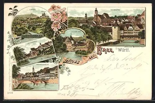 Lithographie Hall i. Württ., Einhorn, Henkerbrücke, Rother Steg