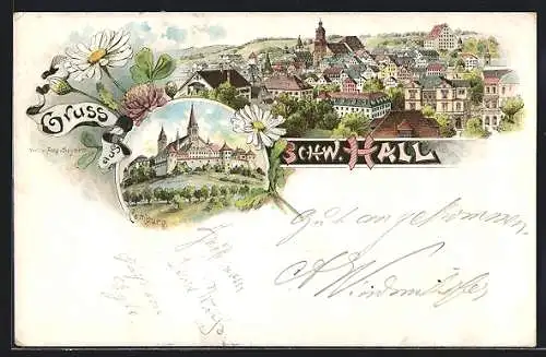 Lithographie Schwäbisch Hall, Teilansicht, Comburg