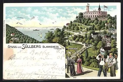 Lithographie Blankenese b. Hamburg, Blick auf Süllberg