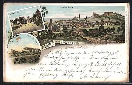 Lithographie Ellwangen, Ortsansicht, Schloss Vorstadt, Schloss & Schönenberg