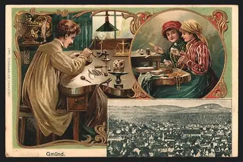 Lithographie Eutingen b. Pforzheim, Ortsansicht, Uhrmacher bei der Arbeit