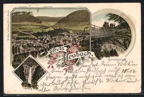 Lithographie Heubach / Württ., Rosensteinbrücke, Wasserfall Teufelsklinge, Ortsansicht