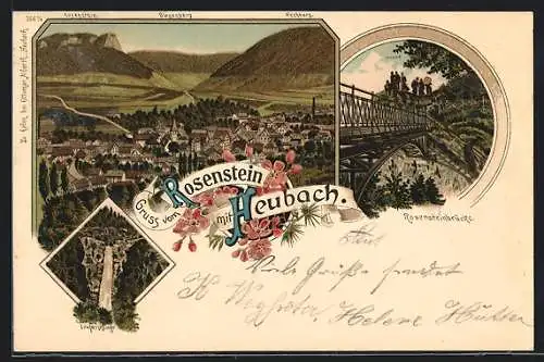 Lithographie Heubach / Württ., Rosensteinbrücke, Teufelsklinge, Ortsansicht mit Bergen aus der Vogelschau