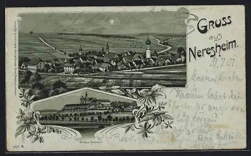 Mondschein-Lithographie Neresheim, Schloss Neresheim, Gesamtansicht mit Umgebung