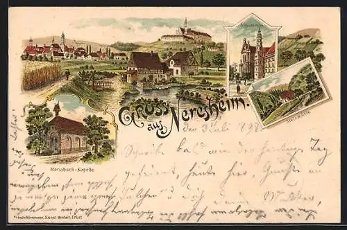 Lithographie Neresheim, Mariabuch-Kapelle, Steinmühle, Schlosskirche, Gesamtansicht