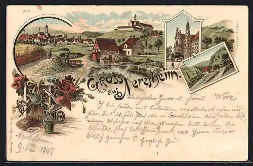 Lithographie Neresheim, Ortspartie, Haus am Flusss, Gärtner-Utensilien, Gesamtansicht mit Wassermühle