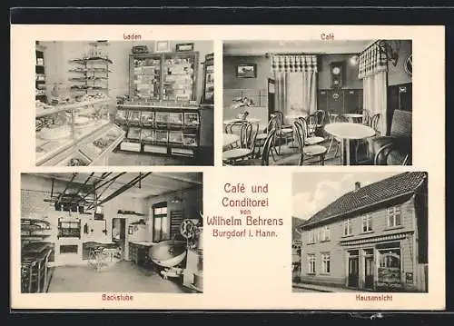 AK Burgdorf i. Hann., Cafe-Conditorei Wilhelm Behrens, mit Innenansichten von Backstube, Laden und Cafe