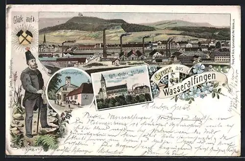 Lithographie Wasseralfingen, Grubenwirtshaus, Kath. Kirche & Schulhaus, Ortsansicht