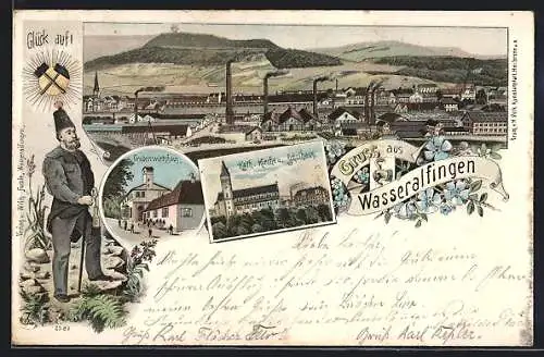 Lithographie Wasseralfingen, Gaststätte Grubenwirtshaus, Bergmann, Kath. Kirche u. Schule, Ortsansicht