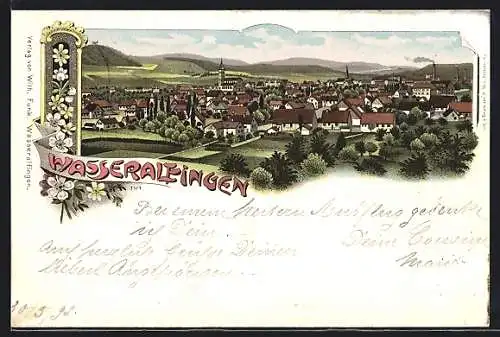 Lithographie Wasseralfingen, Gesamtansicht mit Umgebung und Bergpanorama aus der Vogelschau