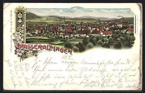 Lithographie Wasseralfingen, Ortsansicht mit Feldern und Bergpanorama aus der Vogelschau