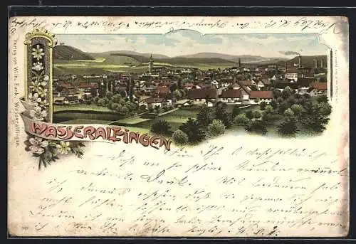 Lithographie Wasseralfingen, Gesamtansicht mit Bergpanorama aus der Vogelschau