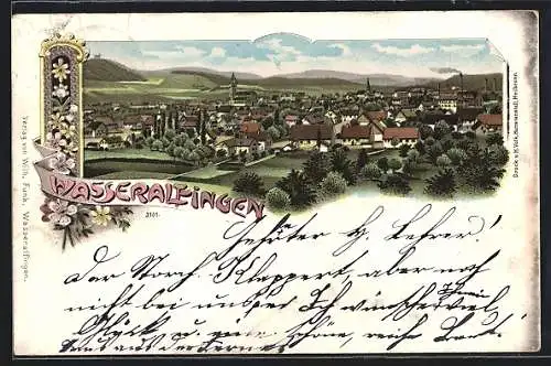 Lithographie Wasseralfingen, Totalansicht mit Umgebung aus der Vogelschau