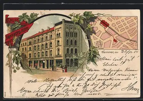 Lithographie Hannover, Bahnhofs-Hotel E. Hefke, mit Stadtplan