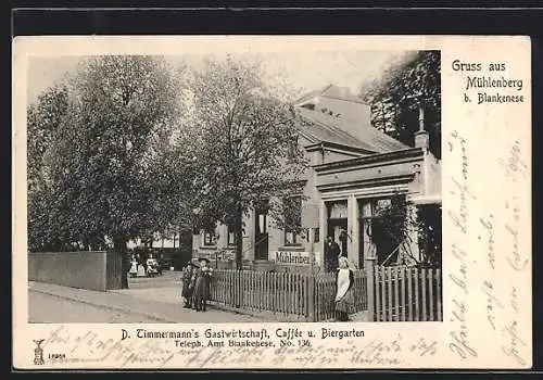 AK Mühlenberg /Blankenese, D. Timmermanns Gastwirtschaft, Cafe u. Biergarten, von der Strasse gesehen