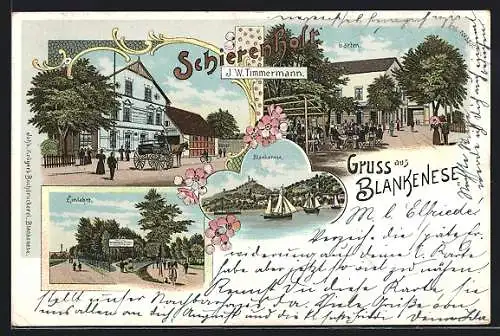 Lithographie Hamburg-Blankenese, Gasthaus Schierenholt J. W. Timmermann mit Einfahrt, Strasse und Garten