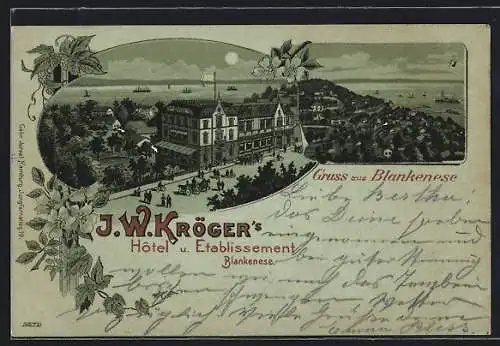 Mondschein-Lithographie Hamburg-Blankenese, J. W. Krögers Hotel-Gaststätte mit Strasse und Wasserblick aus der Vogelschau