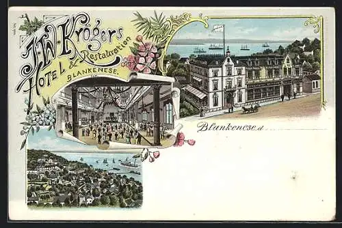 Lithographie Hamburg-Blankenese, J. W. Krögers Hotel-Restaurant mit Strasse und Wasserblick, Saal, Ortsansicht