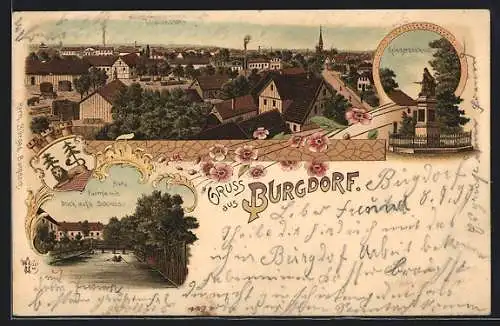 Lithographie Burgdorf / Hannover, Kriegerdenkmal, Ortspartie mit Schlossblick, Teilansicht aus der Vogelschau