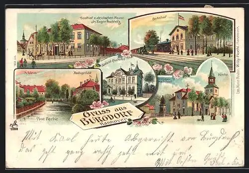 Lithographie Burgdorf /Hannover, Bahnhof, Gasthof z. deutschen Hause E. Buchholz, Auepartie mit Schloss u. Amtsgericht