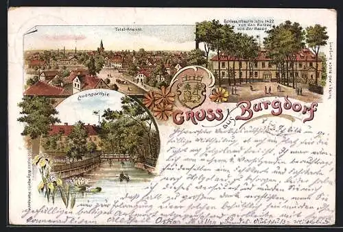 Lithographie Burgdorf / Hannover, Auenparthie, Totalansicht, Partie am Schloss