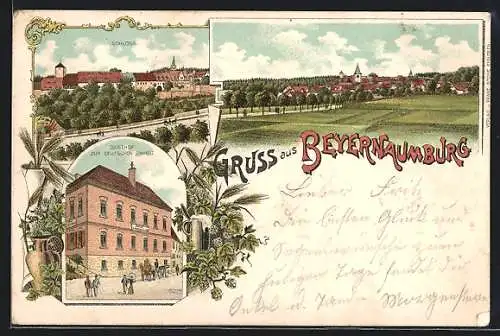 Lithographie Beyernaumburg, Gasthof zur Deutschen Einheit, Schloss, Gesamtansicht mit Landstrasse