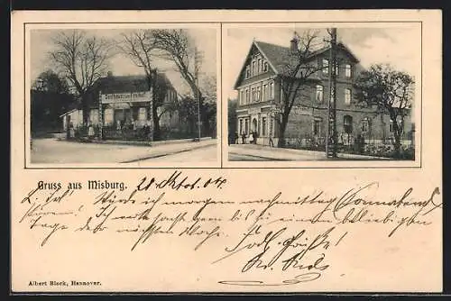 AK Misburg, Gasthaus zum Freihof mit Strasse und kleiner Versammlung