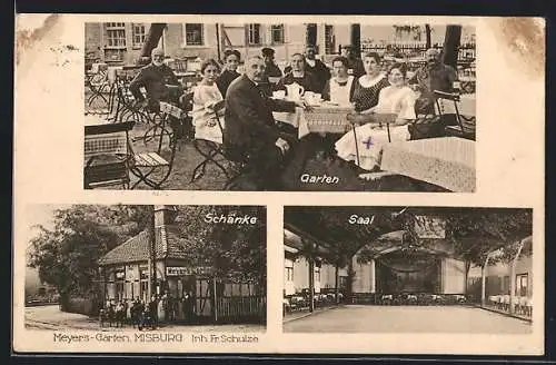 AK Misburg, Gasthaus Meyers Garten Fr. Schulze, mit Saal u. Garten mit Gästen